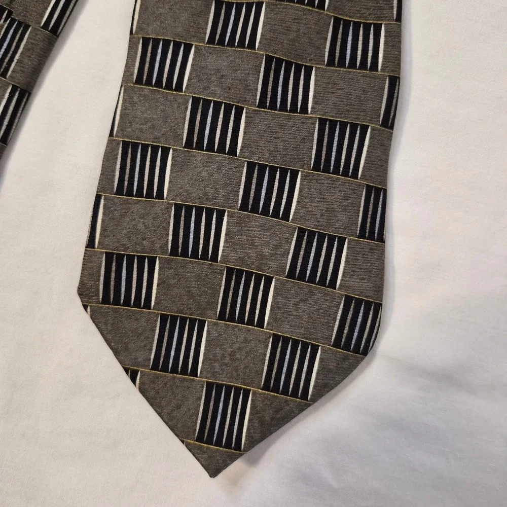 Milano Uomo Tie Mens Xtra-Long‎ Grey Black Geometric Silk Block Pattern USA